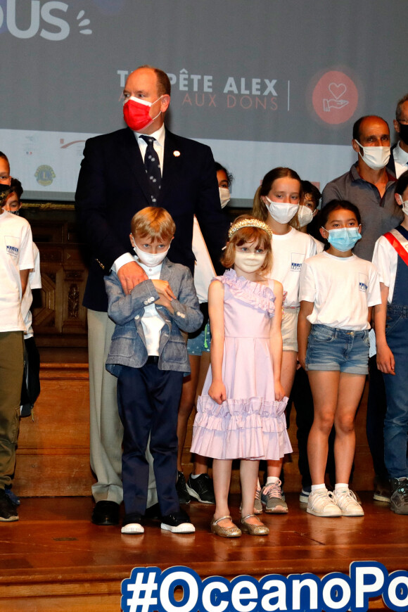 Le prince Albert II de Monaco, ses enfants Gabriella et Jacques - Lancement du programme "Océano pour Tous" au Musée Océanographique de Monaco, le 1er juin 2021. © Claudia Albuquerque / Bestimage