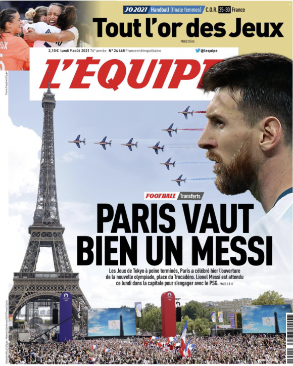 Couverture du quotidien L'Équipe du 9 août 2021.