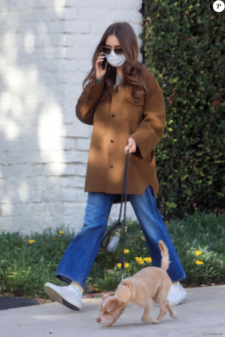 Lily Collins promène son chien à Los Angeles le 13 janvier 2021.