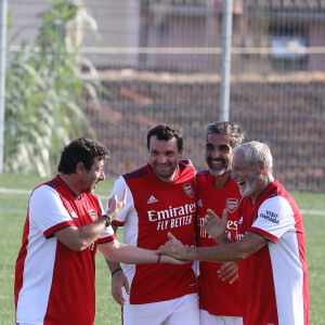 Patrick Bruel, Ary Abittan, Jean-Claude Darmon lors d'un match amical de football, organisé par J.C.Darmon, au profit de l'association "Plus fort la vie" au stade Marcel Aubour de Saint-Tropez, Côte d'Azur, le 7 août 2021. © Dominique Jacovides/Bestimage