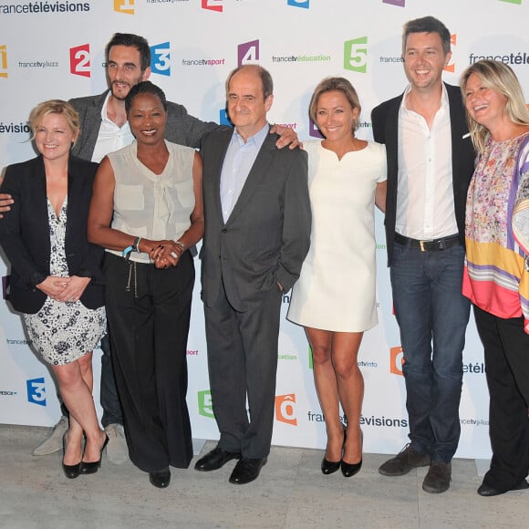 Anne-Elisabeth Lemoine, Matthieu Noël, Babette de Rozières, Pierre Lescure, Anne-Sophie Lapix, Maxime Switek et Luana Belmondo - Conférence de presse de rentrée de France Télévisions au Palais de Tokyo à Paris, le 26 août 2014.