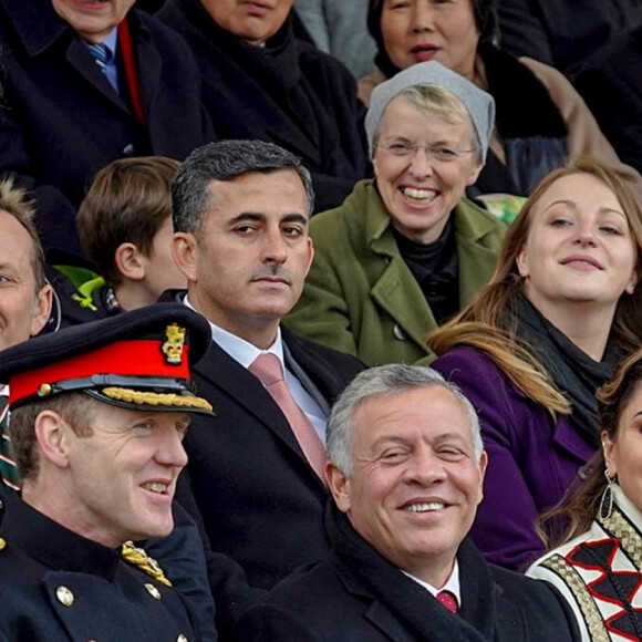 Prince Hussein, le roi Abadallah et la reine Rania, la princesse Iman - La famille royale de Jordanie à Sandhurst, UK, pour voir la graduation de la Princesse Salma bint Abdallah II à l'academie Militaire Royale le 24 novembre 2018.