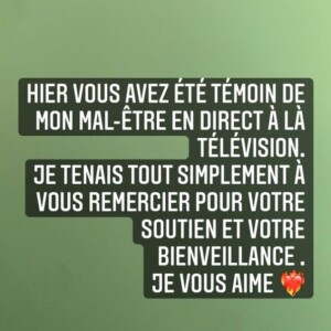 Sophie Tapie réagit à son malaise dans "Touche pas à mon poste" en story Instagram, le 28 septembre 2021