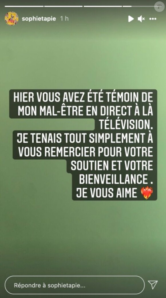 Sophie Tapie réagit à son malaise dans "Touche pas à mon poste" en story Instagram, le 28 septembre 2021