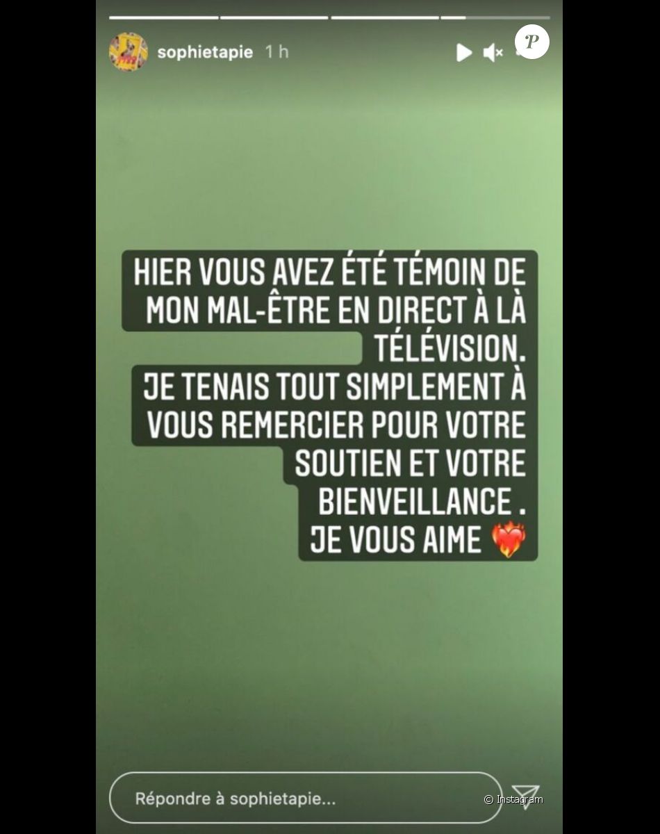 Sophie Tapie réagit à son malaise dans "Touche pas à mon poste" en story Instagram, le 28 septembre 2021