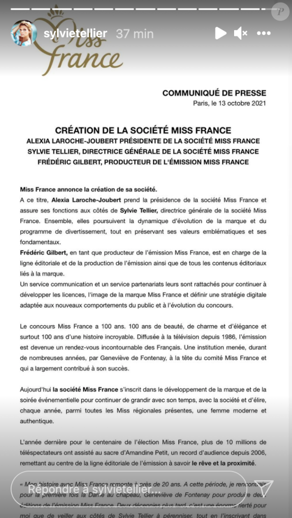 Sylvie Tellier partage un communiqué sur la nouvelle configuration de la société Miss France - Instagram