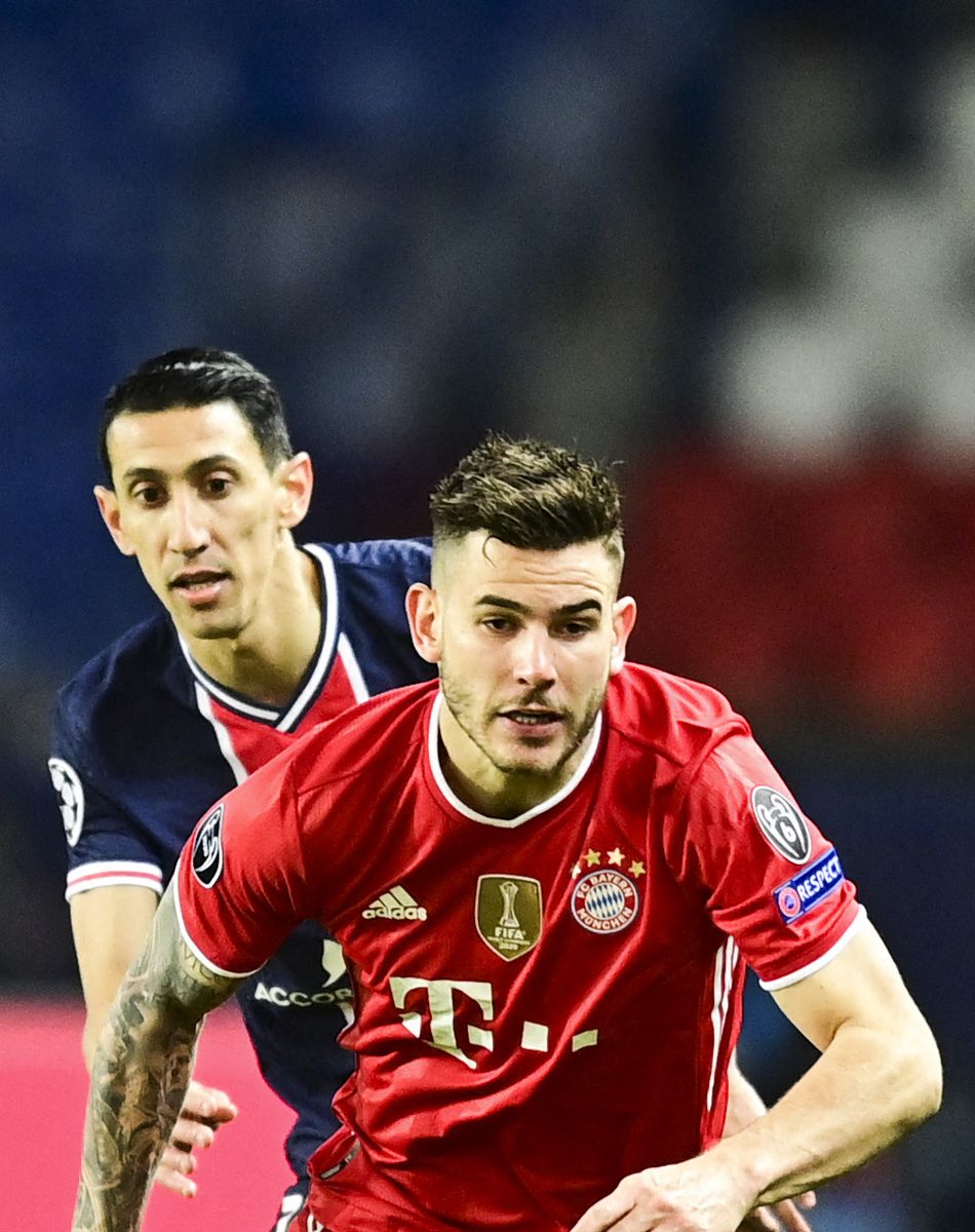 Lucas Hernandez (Bayern de Munich) vs Angel Di Maria (PSG) lors du match de quart de finale de la Ligue des Champions opposant le Paris Saint-Germain au Bayern Munich au Parc des Princes à Paris, France, le 13 avril 2021. Le Paris Saint-Germain (PSG) qualifié en demi-finale malgré sa défaite 1-0 contre le Bayern Munich. © Jean-Baptiste Autissier/Panoramic/Bestimage