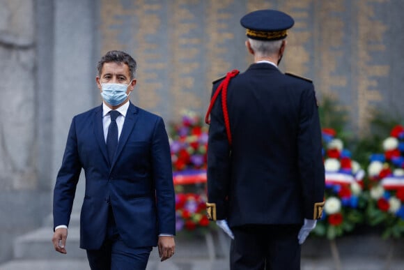 Gérald Darmanin, ministre de l'Intérieur, participe à la cérémonie en hommage aux victimes de l'attentat du 3 octobre 2019 à la Préfecture de Police de Paris, en présence du préfet de police de Paris, D. Lallement. Le 6 octobre 2021.