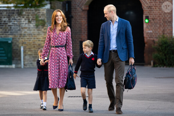 Le prince William, duc de Cambridge, et Catherine (Kate) Middleton, duchesse de Cambridge, accompagnent le prince George et la princesse Charlotte pour leur rentrée scolaire à l'école Thomas's Battersea à Londres, Royaume Uni, le 5 septembre 2019.