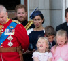 Le prince Harry, duc de Sussex, et Meghan Markle, duchesse de Sussex,James Mountbatten-Windsor, vicomte Severn, Savannah Phillips, Isla Phillips - La famille royale au balcon du palais de Buckingham lors de la parade Trooping the Colour 2019, célébrant le 93ème anniversaire de la reine Elisabeth II, Londres, le 8 juin 2019. 