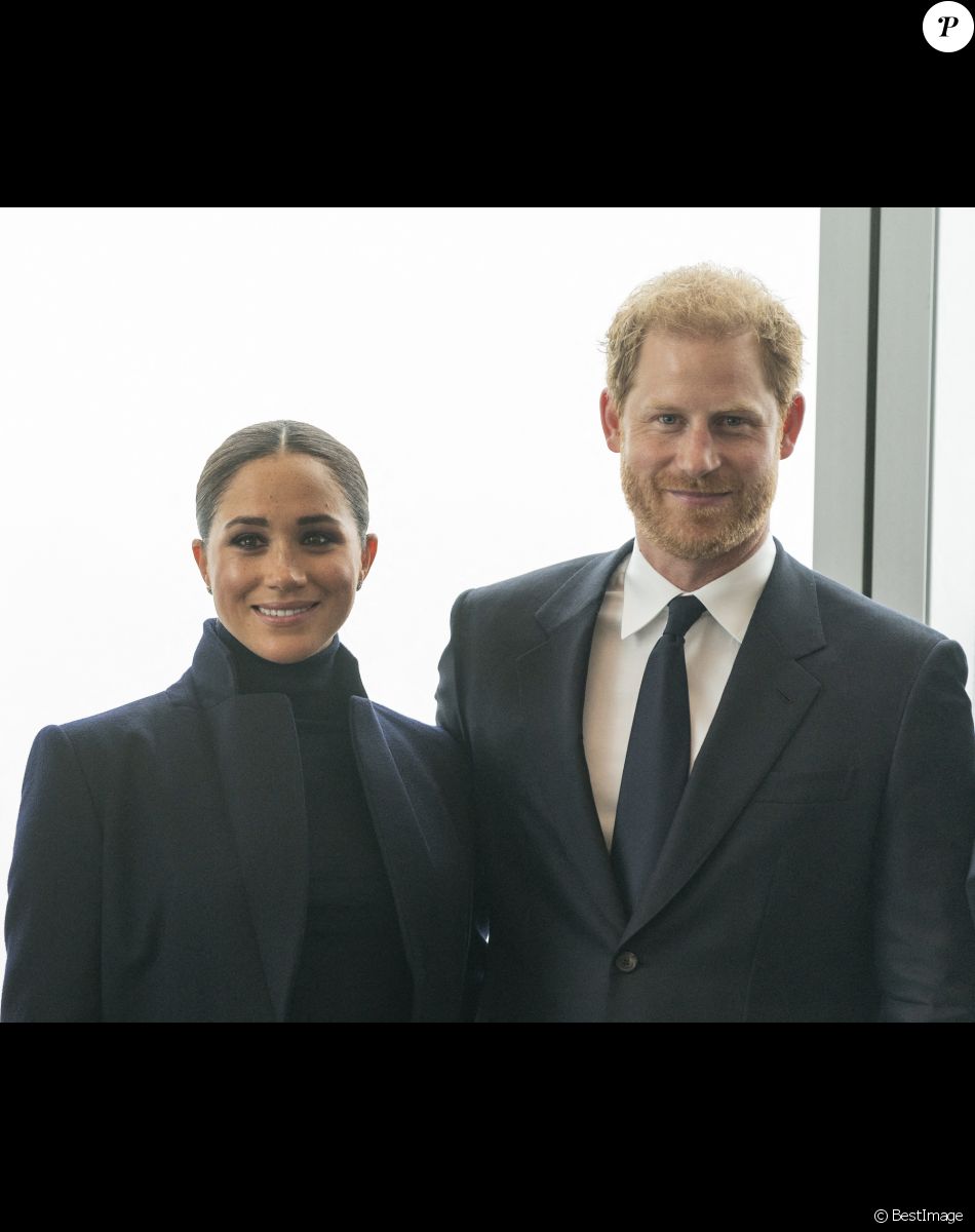 Le prince Harry, duc de Sussex, et Meghan Markle, duchesse de Sussex, en visite à l'observatoire "One World" au 102ème étage de la Freedom Tower du World Trade Center à New York. Le 23 septembre 2021