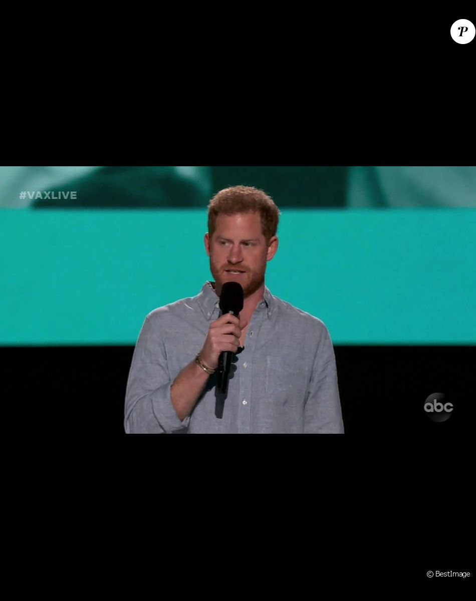 Capture d'écran du prince Harry, duc de Sussex, lors du concert caritatif "Vax Live" en faveur de la vaccination contre le Coronavirus (COVID-19) à Los Angeles. Le 8 mai 2021