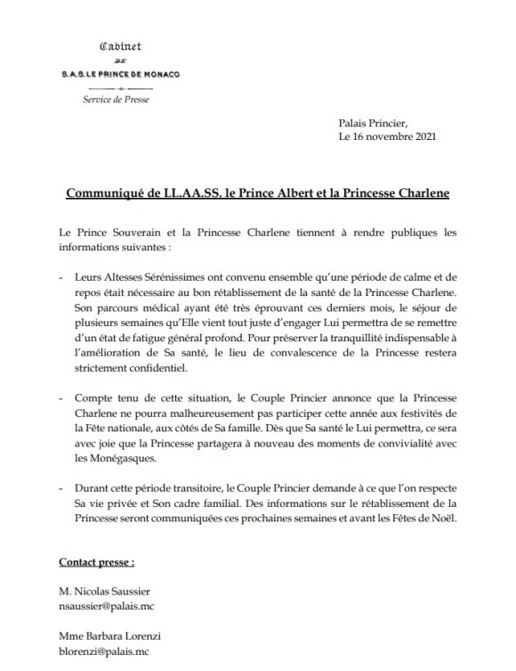 Communiqué du palais princier de Monaco sur la santé de la princesse Charlene.
