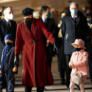 Le prince Albert II de Monaco, sa femme la princesse Charlene et leurs enfants le prince héréditaire Jacques et la princesse Gabriella durant la célébration de la Sainte Dévote, Sainte patronne de Monaco, à Monaco le 26 janvier 2021. © Olivier Huitel / Pool Monaco /Bestimage