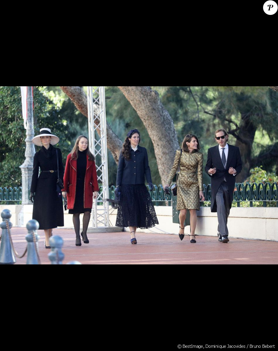 Beatrice Borromeo, Alexandra de Hanovre, Tatiana Santo Domingo, Charlotte Casiraghi, Andrea Casiraghi - Arrivées en la cathédrale de Monaco pour la messe d'action de grace avec Te Deum lors de la la fête nationale de Monaco le 19 novembre 2021. © Dominique Jacovides / Bruno Bebert / Bestimage