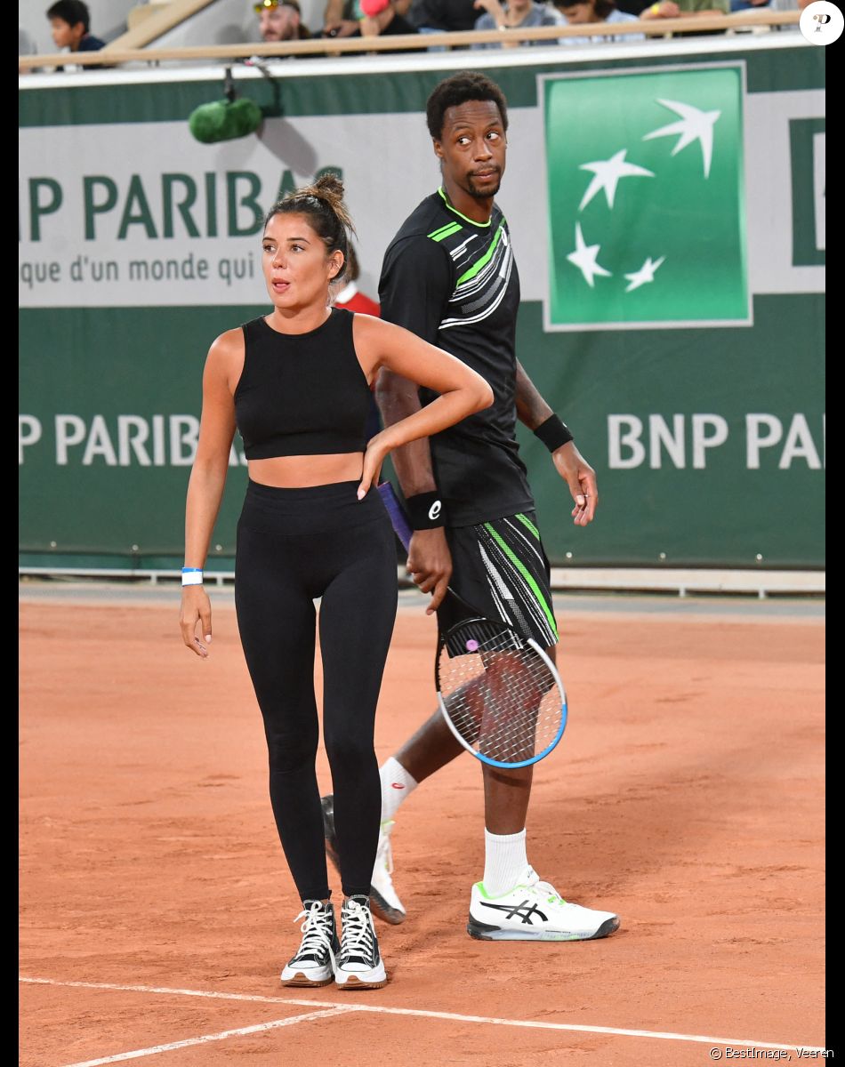 Exclusif - Gaël Monfils et Julie Bertin - Benoît Paire, Gaël Monfils, Domingo (Pierre Alexis Bizot) et Zerator (Adrien Nougaret) deux streamers se rencontrent lors d'un match de tennis à Roland Garros, Paris le 18 septembre 2021. © Veeren/Bestimage