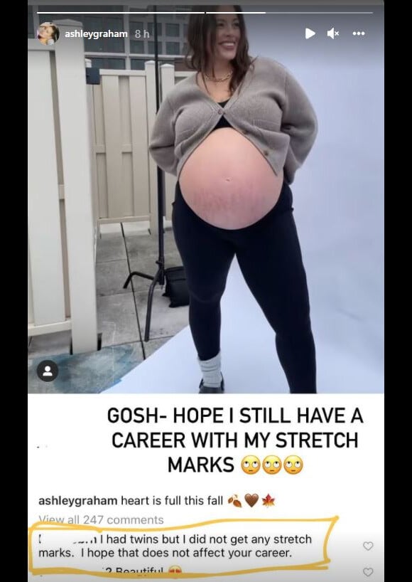 "J'ai eu des jumeaux sans avoir de vergetures. J'espère que ça n'affectera pas ta carrière", a commenté une internaute sur une vidéo d'Ashley Graham, enceinte.