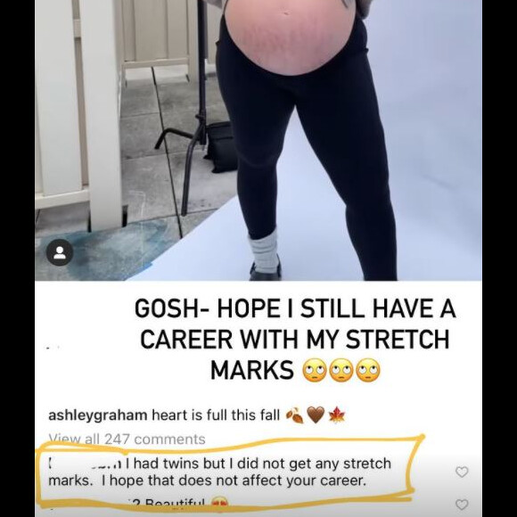 "J'ai eu des jumeaux sans avoir de vergetures. J'espère que ça n'affectera pas ta carrière", a commenté une internaute sur une vidéo d'Ashley Graham, enceinte.