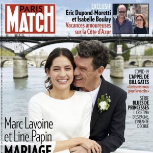 Photo du mariage de Marc Lavoine et Line Papin, en couverture de "Paris Match", juillet 2020.