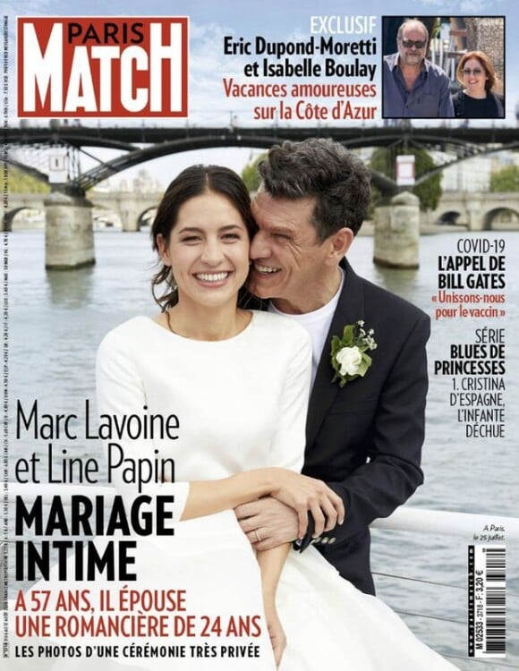 Photo du mariage de Marc Lavoine et Line Papin, en couverture de "Paris Match", juillet 2020.