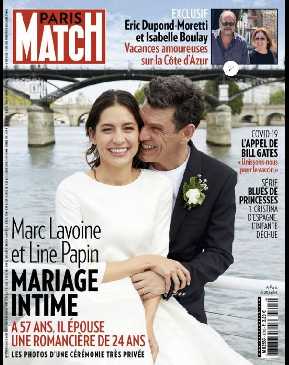 Photo du mariage de Marc Lavoine et Line Papin, en couverture de "Paris Match", juillet 2020.