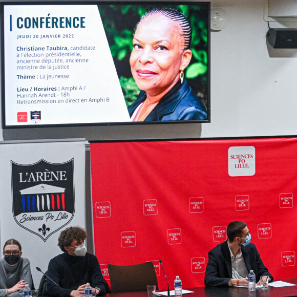 Christiane Taubira en conférence devant les étudiant de l'école "Sciences Po" à Lille. Le 20 janvier 2022