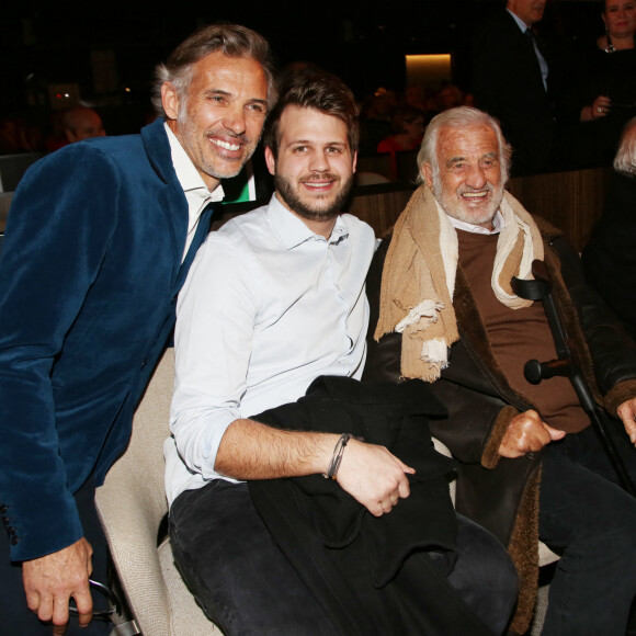 Paul Belmondo, Alessandro, Jean-Paul Belmondo et Victor Belmondo lors de la présentation en avant-première de 'The Gazelles' un film réalisé par Paul Belmondo et projeté à l'Unesco en présence de Audrey Azoulay la directrice générale de l'Unesco et Dominique Serra fondatrice et directrice du Rallye des Gazelles du Maroc. © Denis Guignebourg / Bestimage