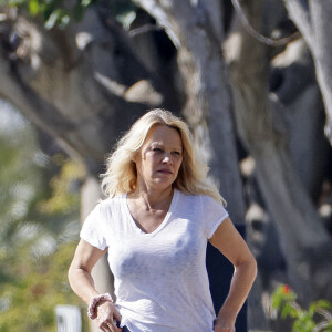 Exclusif - Prix spécial - No Web - Pamela Anderson ne porte plus son alliance lors d'une balade avec son chien à Malibu le 14 janvier 2022. Elle semble soucieuse et a confié la laisse à son assistant. 
