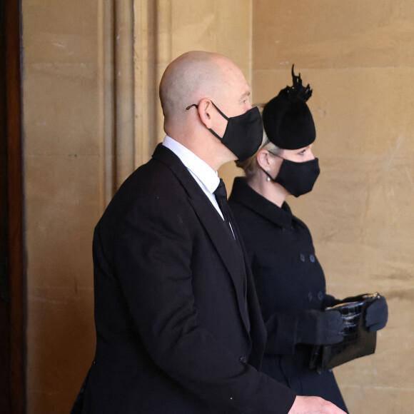 Zara Phillips (Tindall) et Mike Tindall - Arrivées aux funérailles du prince Philip, duc d'Edimbourg à la chapelle Saint-Georges du château de Windsor, le 17 avril 2021.
