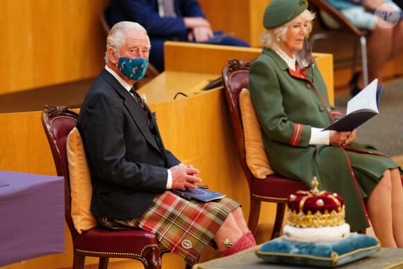 Le prince Charles, prince de Galles, et Camilla Parker Bowles, duchesse de Cornouailles, au Parlement écossais à Edimbourg, Ecosse, Royaume Uni, le 2 octobre 2021.
