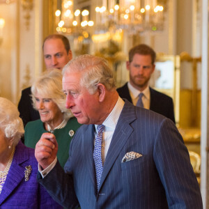 Le prince William, duc de Cambridge, Kate Catherine Middleton, duchesse de Cambridge, Camilla Parker Bowles, duchesse de Cornouailles, la reine Elisabeth II et le prince Charles - La famille royale d'Angleterre lors de la réception pour les 50 ans de l'investiture du prince de Galles au palais Buckingham à Londres. Le 5 mars 2019
