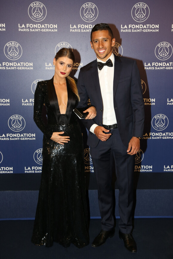 Exclusif - Marquinhos et sa compagne Carol Cabrino - Dîner de gala au profit de la Fondation PSG au Parc des Princes à Paris le 16 mai 2017. © Rachid Bellak/Bestimage