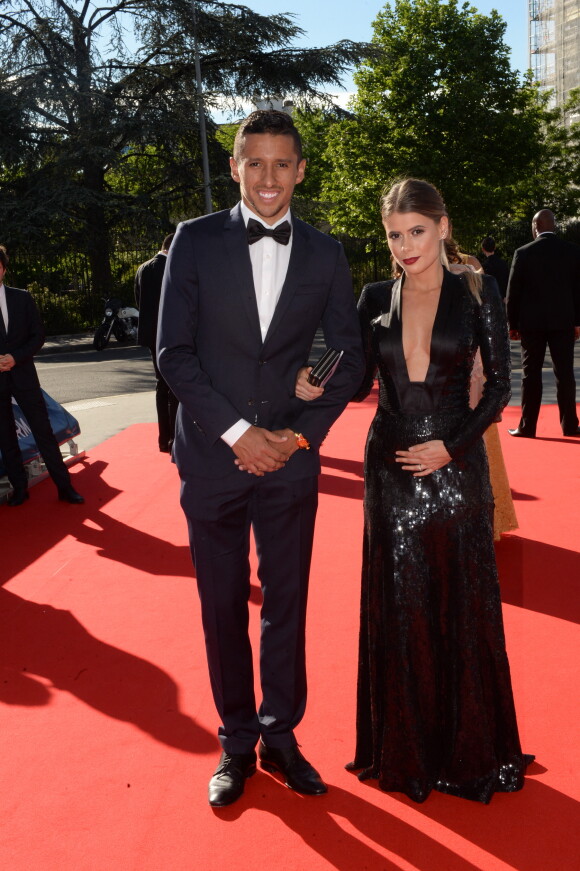 Exclusif - Marquinhos et sa compagne Carol Cabrino - Dîner de gala au profit de la Fondation PSG au Parc des Princes à Paris le 16 mai 2017. © Rachid Bellak/Bestimage