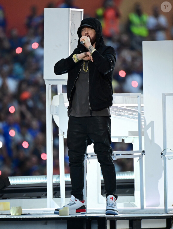 Eminem pendant la mi-temps du Super Bowl LVI à Los Angeles, le 13 février 2022. Photo by USA Today Sports/SPUS/ABACAPRESS.COM