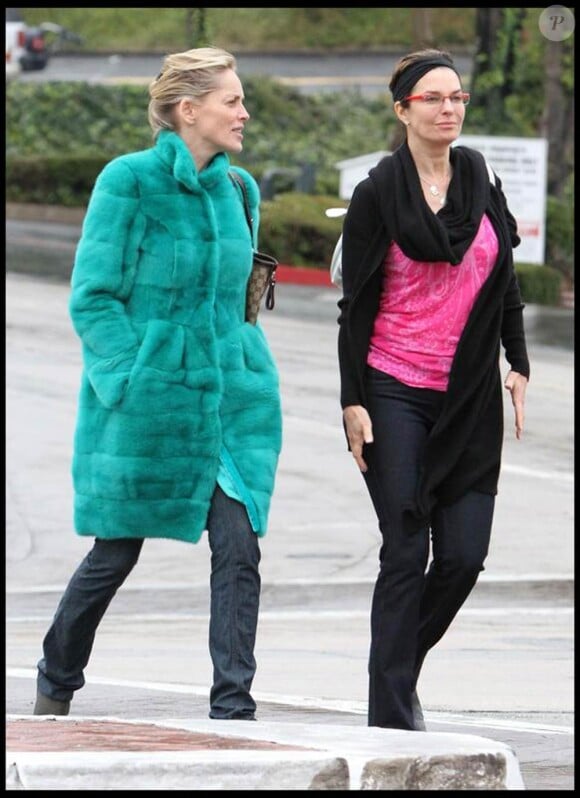 La belle Sharon Stone et sa copine Jeanne Tripplehorn, à la sortie du Cafe Med d'Hollywood, à Los Angeles, en janvier 2010.