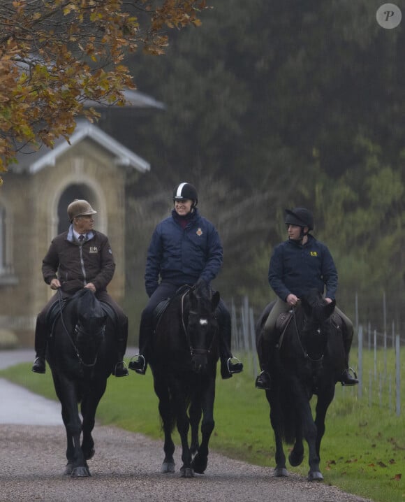 Le prince Andrew, duc d'York, se promène à cheval de bon matin à Windsor, le 30 novembre 2021.