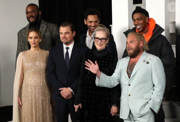 Tyler Perry, Jennifer Lawrence (enceinte), Leonardo DiCaprio, Tomer Sisley, Meryl Streep, Jonah Hill et Kid C à la première du film "Don't Look Up" à New York, le 5 décembre 2021. 