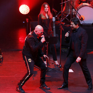 Pascal Obispo, Laurent Gerra - XVème gala pour la Fondation Recherche Alzheimer à l'Olympia à Paris le 14 mars 2022.  © Photo Marc Ausset-Lacroix/Bestimage 