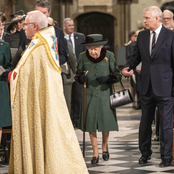 La princesse Anne, son mari Timothy Laurence, La reine Elisabeth II d'Angleterre et Le prince Andrew, duc d'York - Service d'action de grâce en hommage au prince Philip, duc d'Edimbourg, à l'abbaye de Westminster à Londres, le 29 mars 2022.