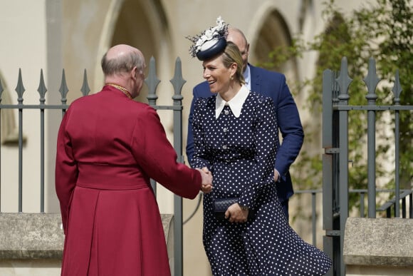 Zara Phillips (Zara Tindall) - La famille royale britannique quitte la chapelle Saint-Georges de Windsor après la messe de Pâques, le 17 avril 2022. 