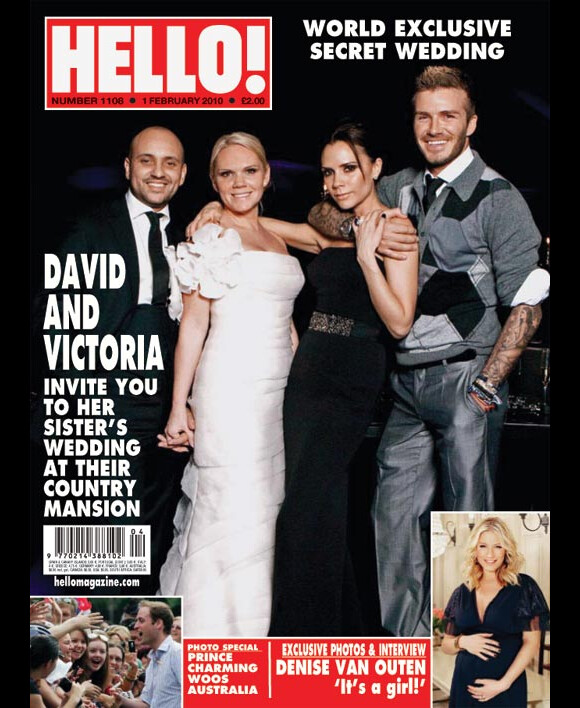 David et Victoria Beckham pose en couverture de Hello! magazine pour le mariage de la soeur de Vicky, Louise