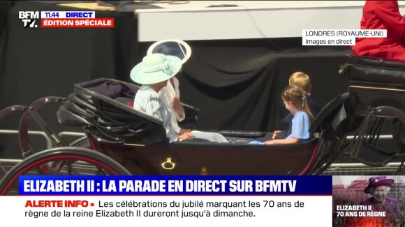 Kate Middleton et ses trois enfants, le prince George, la princesse Charlotte et le prince Louis arrivent au jubilé de platine de la reine Elizabeth II, pour le Trooping the colour, le jeudi 2 juin 2022