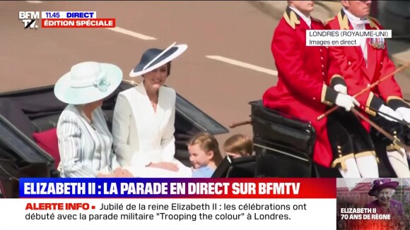 Kate Middleton et ses trois enfants, le prince George, la princesse Charlotte et le prince Louis arrivent au jubilé de platine de la reine Elizabeth II, pour le Trooping the colour, le jeudi 2 juin 2022