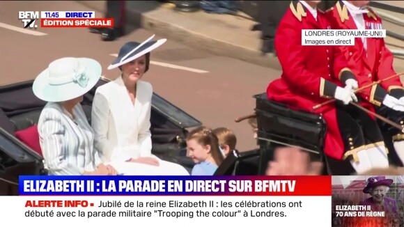 Kate Middleton et ses trois enfants, le prince George, la princesse Charlotte et le prince Louis arrivent au jubilé de platine de la reine Elizabeth II, pour le Trooping the colour, le jeudi 2 juin 2022