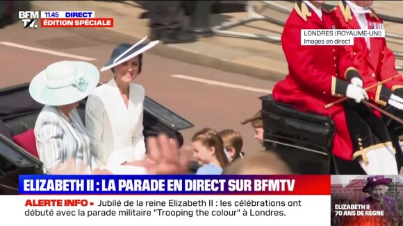 Kate Middleton et ses trois enfants, le prince George, la princesse Charlotte et le prince Louis arrivent au jubilé de platine de la reine Elizabeth II, pour le Trooping the colour, le jeudi 2 juin 2022