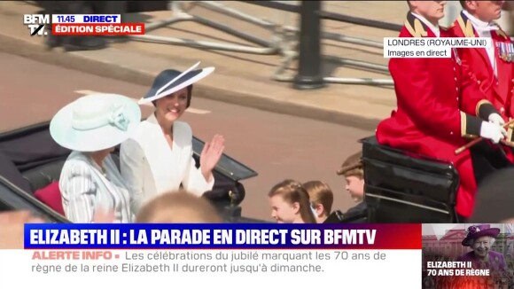 Kate Middleton et ses trois enfants, le prince George, la princesse Charlotte et le prince Louis arrivent au jubilé de platine de la reine Elizabeth II, pour le Trooping the colour