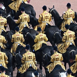 Illustrations de la parade militaire "Trooping the Colour" dans le cadre de la célébration du jubilé de platine (70 ans de règne) de la reine Elizabeth II à Londres, le 2 juin 2022.