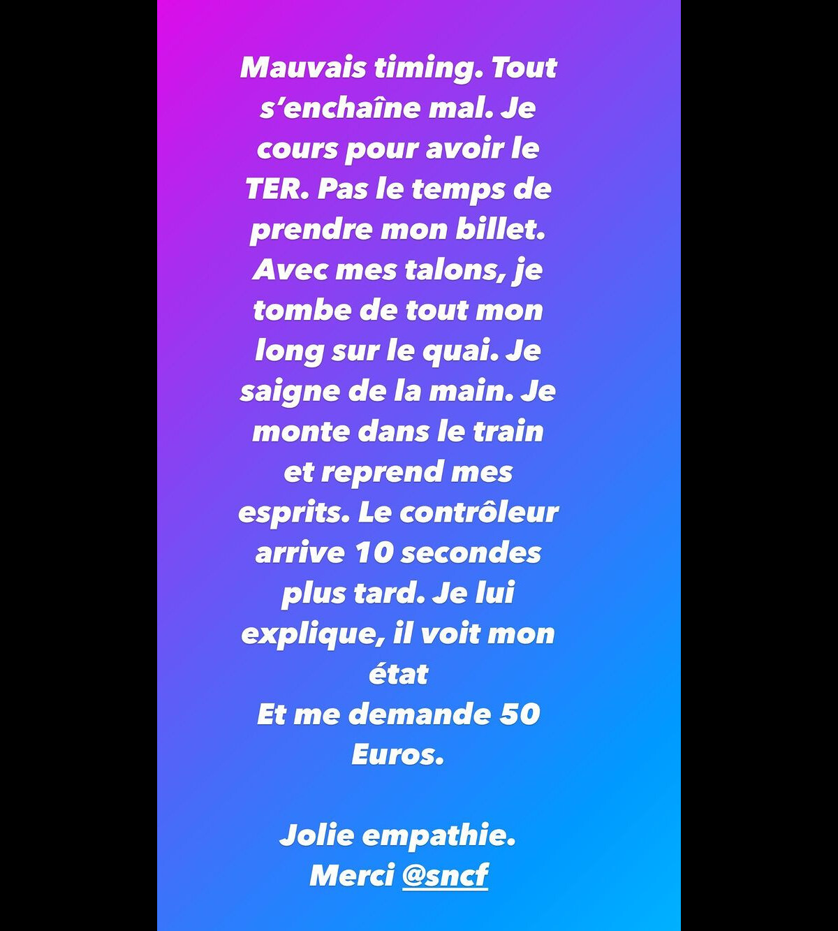 Photo : Faustine Bollaert raconte sa mésaventure avec la SNCF dans sa story  Instagram ce mardi 7 juin. - Purepeople