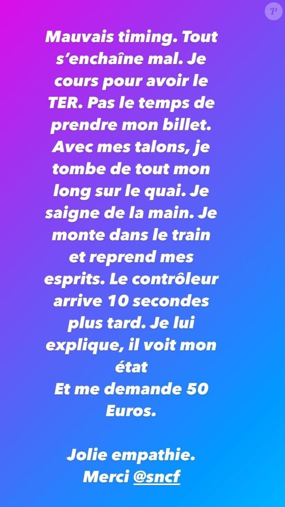 Faustine Bollaert raconte sa mésaventure avec la SNCF dans sa story Instagram ce mardi 7 juin.