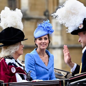 Camilla Parker Bowles, duchesse de Cornouailles, Catherine (Kate) Middleton, duchesse de Cambridge, Le prince William, duc de Cambridge, Le prince Charles, prince de Galles - Service annuel de l'Ordre de la jarretière à la chapelle Saint-Georges du château de Windsor, le 13 juin 2022. 